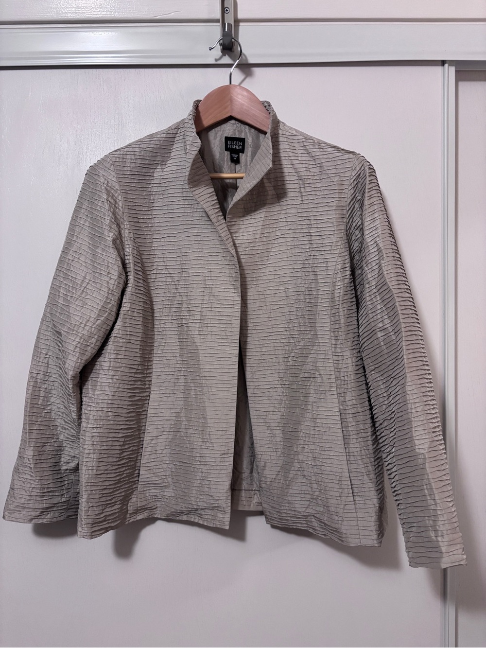 Eileen Fisher Silk Jacket Size M Tan Minimalist Quiet Luxury Crinkle Pleat Comfy